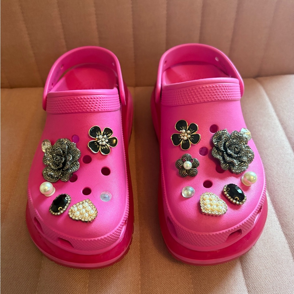 CROCS Pink Platforms with Custom Jibbitz